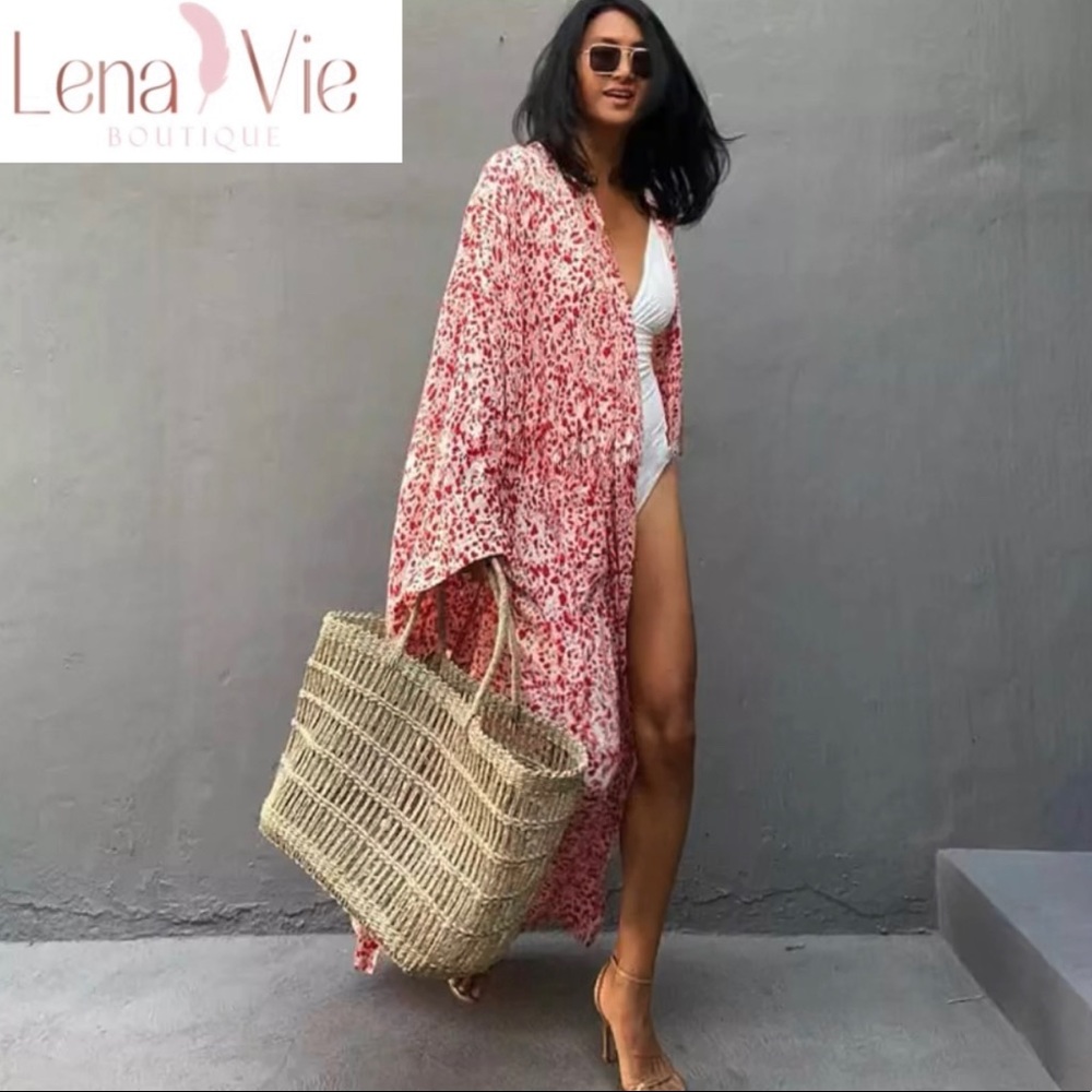 Palie Pink Leopard Long Cotton Kimono Duster, Leopard Beach Maxi Coverup, S-3X - Picture 4 of 10